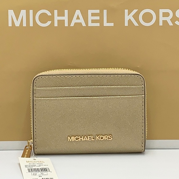MICHAEL KORS JET SET TRAVEL MEDIUM ZIP AROUND CARD CASE PALE GOLD COLOR - Picture 1 of 11